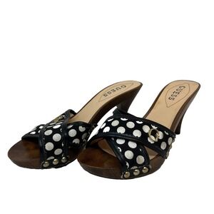 Guess Black and White Polka Dot Sandals Wood Base and Heel Size 7.5